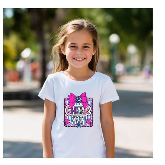 Cheer Sister Pink & Blue Bow White Short Sleeve Shirt