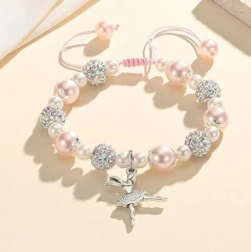 Pink Pearl Ballerina Charm Adjustable Bracelet