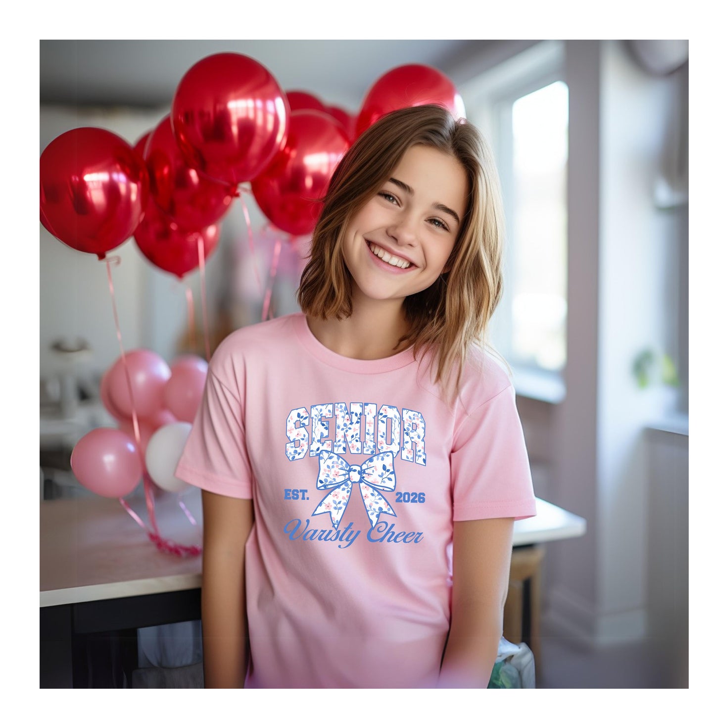 Senior Varsity Cheer Bow Pink Short Sleeve Shirt