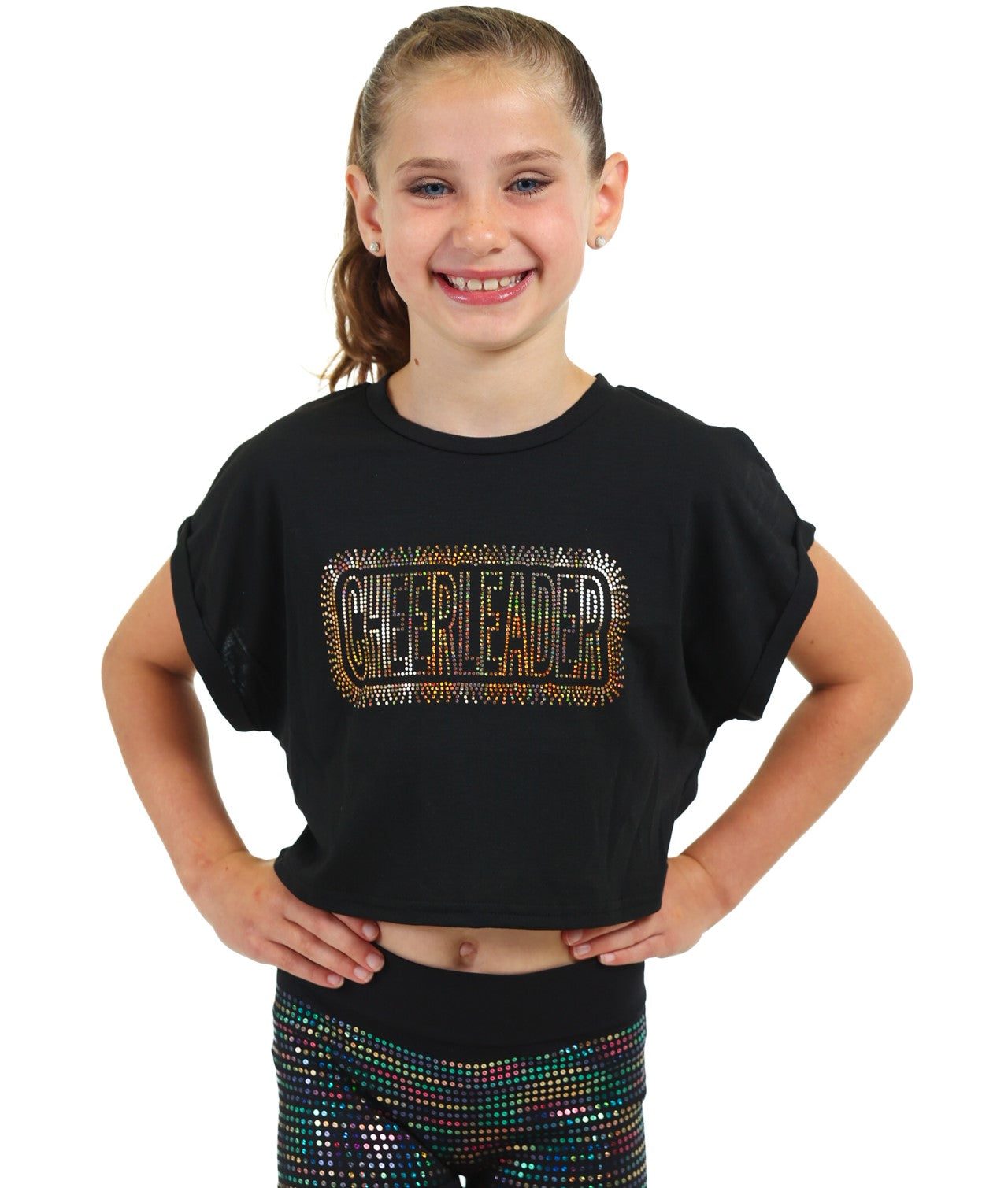 Cheerleader Gold Spangles Black Short Sleeve Crop Top