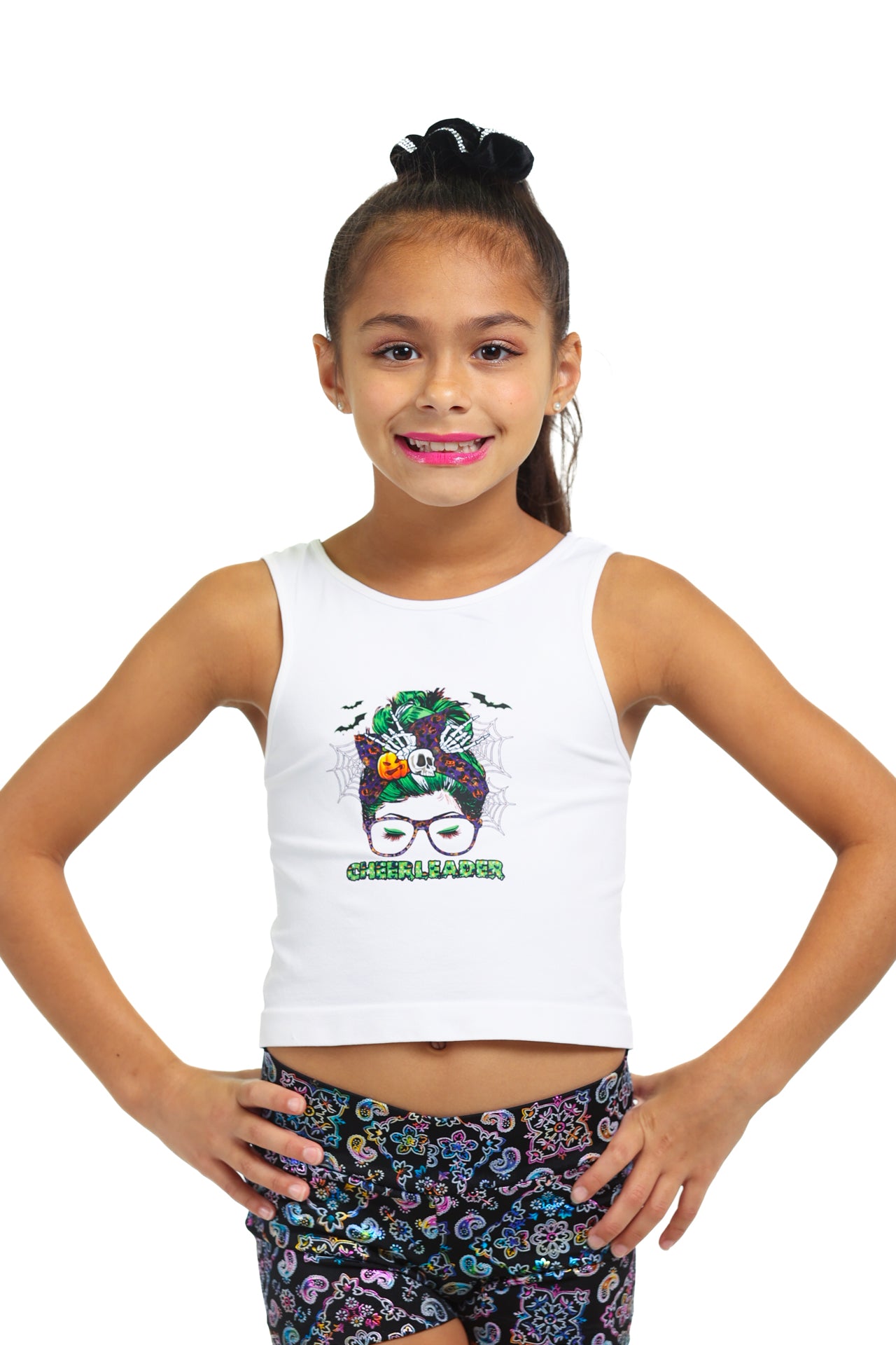 Kids Messy Bun Halloween Cheerleader Cropped Tank Top