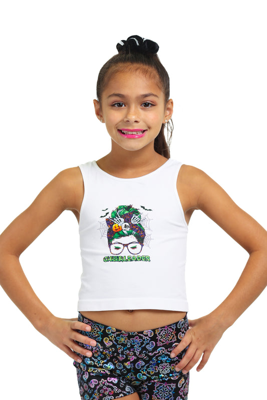 Kids Messy Bun Halloween Cheerleader Cropped Tank Top