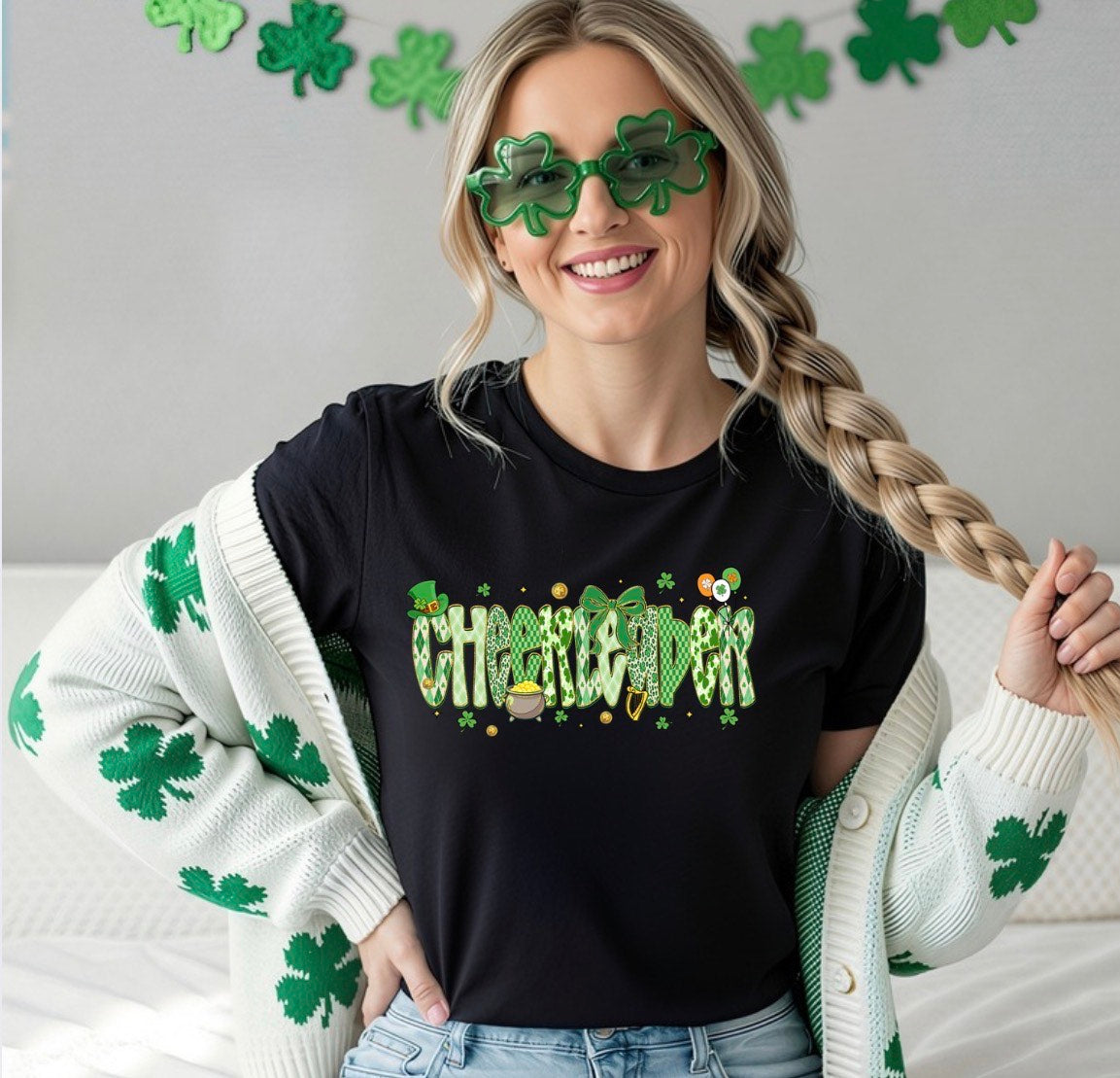 St. Patrick's Day Themed Cheerleader Black Short Sleeve Shirt
