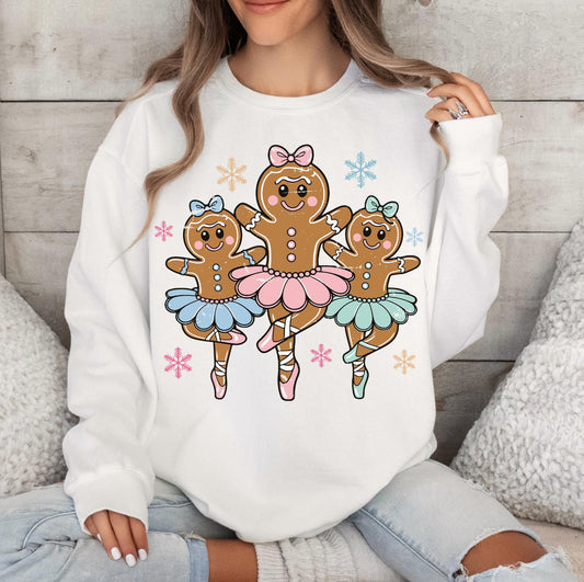Dancing Gingerbread Cookie Ballerinas White Crewneck Sweater