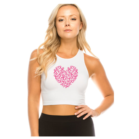 Breast Cancer Ribbon Heart on White Stretch Crop Top