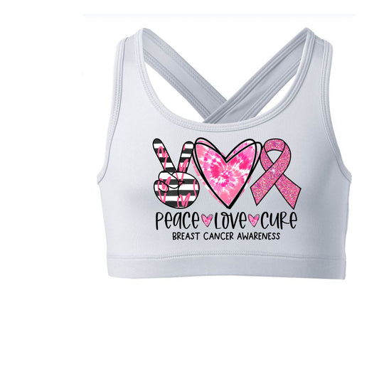 Peace, Love and Breast Cancer Awareness Ribbon White Sports Bra