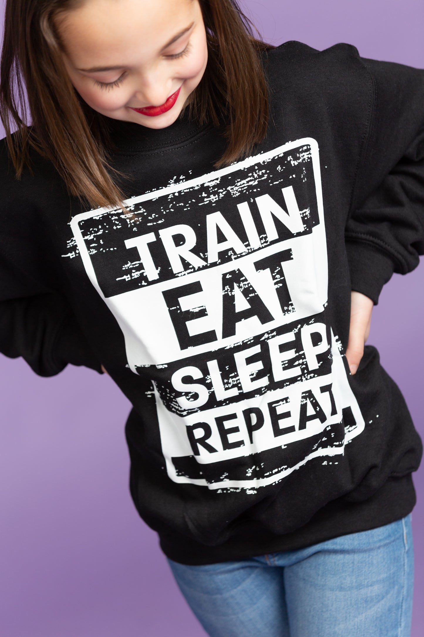 Train, Eat, Sleep, Repeat Black Crewneck Sweatshirt